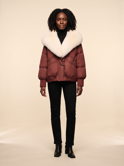 Cropped Puffer Jacket with Fluffy Collar – Red – on model