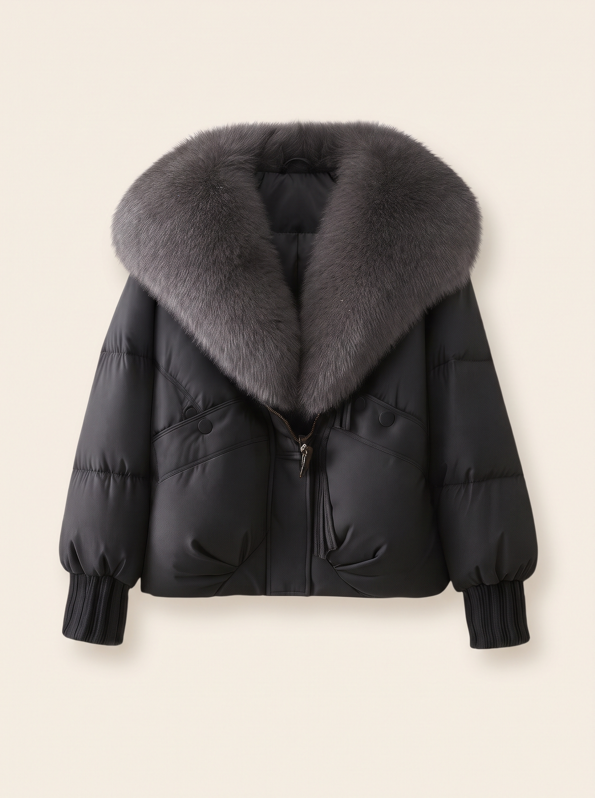 Cropped Puffer Jacket with Fluffy Collar – Black – product view