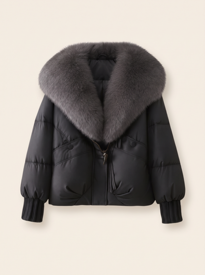 Cropped Puffer Jacket with Fluffy Collar – Black – product view