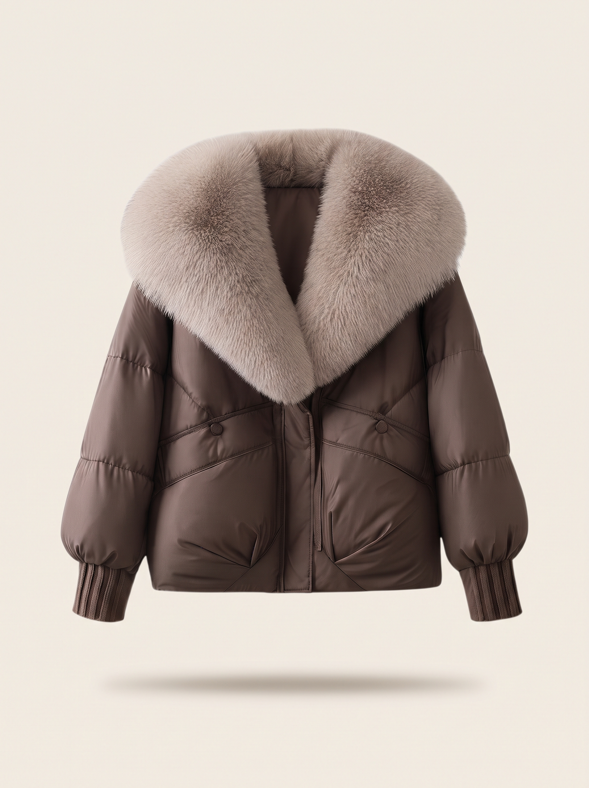 Cropped Puffer Jacket with Fluffy Collar – Brown – product view