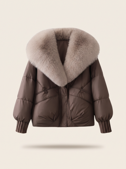 Cropped Puffer Jacket with Fluffy Collar – Brown – product view