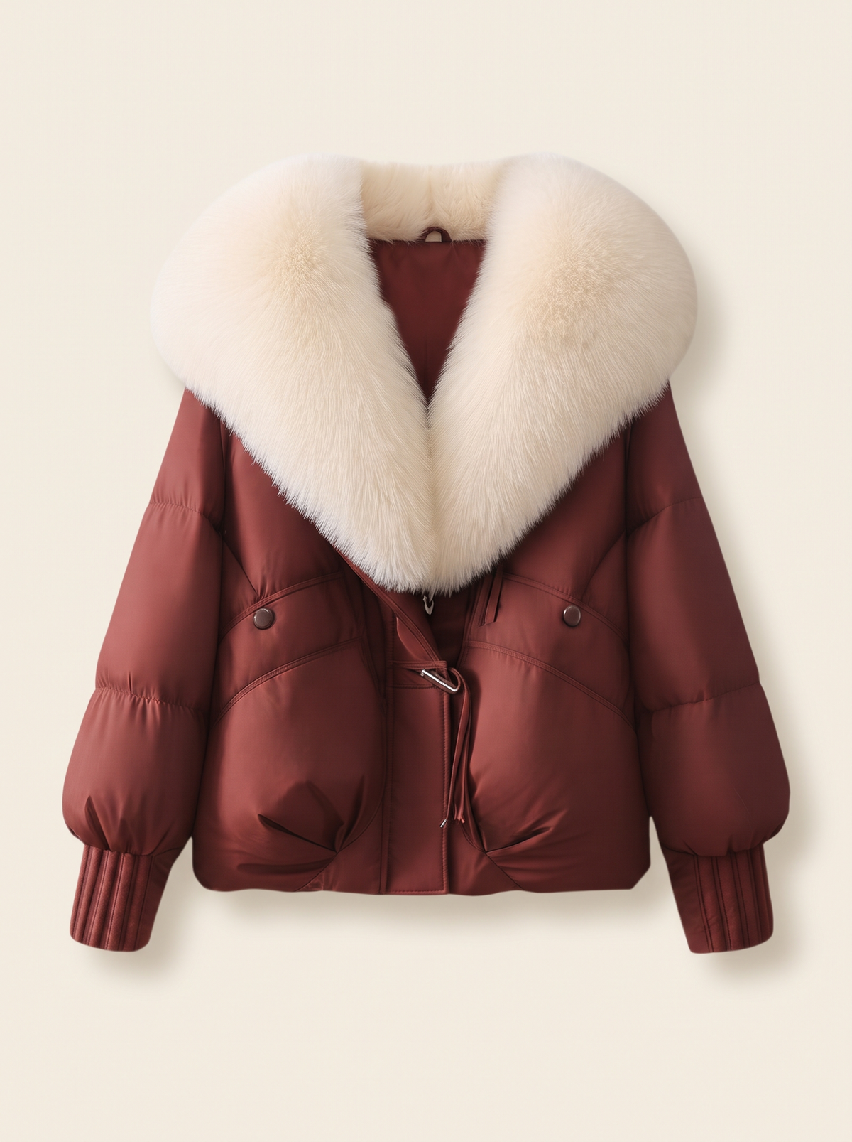 Cropped Puffer Jacket with Fluffy Collar – Red – product view