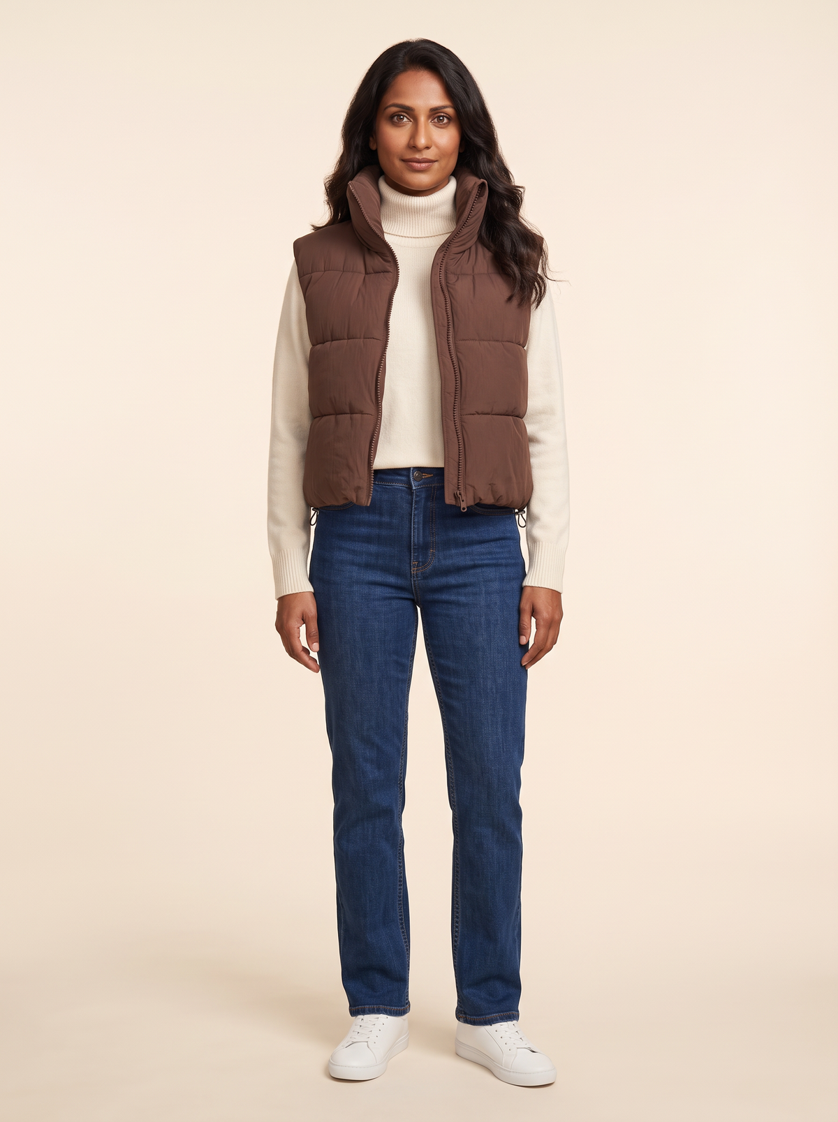Cropped Puffer Gilet – Brown – on model