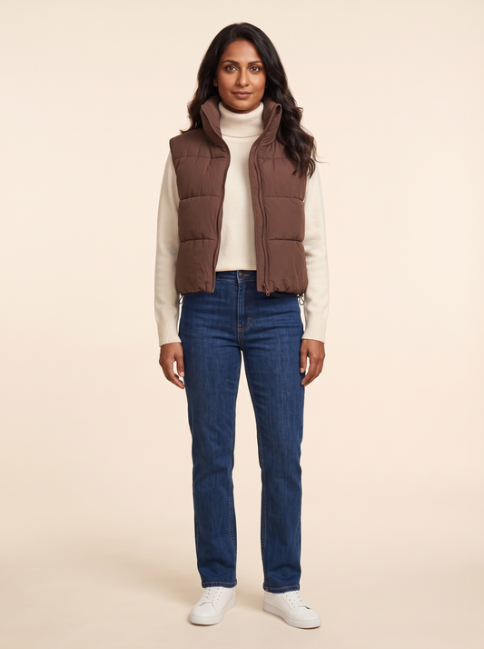 Cropped Puffer Gilet – Brown – on model