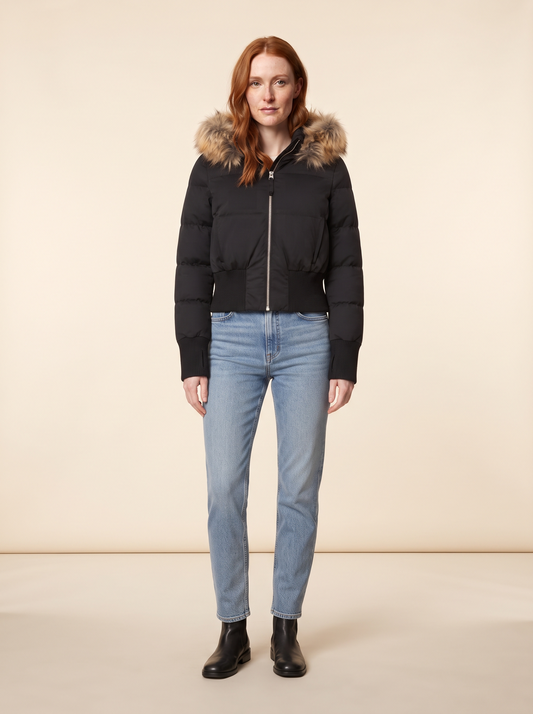 Cropped Quilted Puffer Jacket – Black – on model