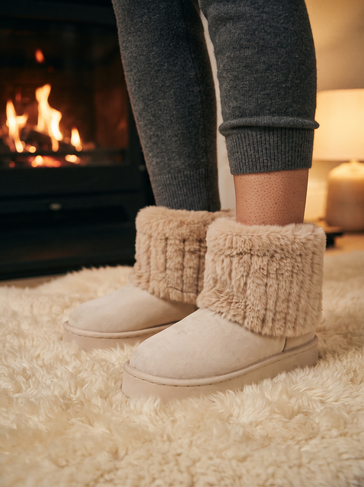 Faux Fur Cuff Winter Boots – Beige – on foot
