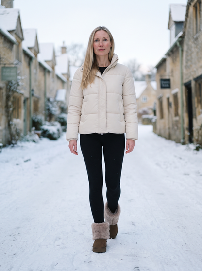 Faux Fur Cuff Winter Boots – Brown – snowy lane