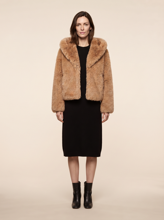Hooded Faux Fur Jacket – Camel – on model