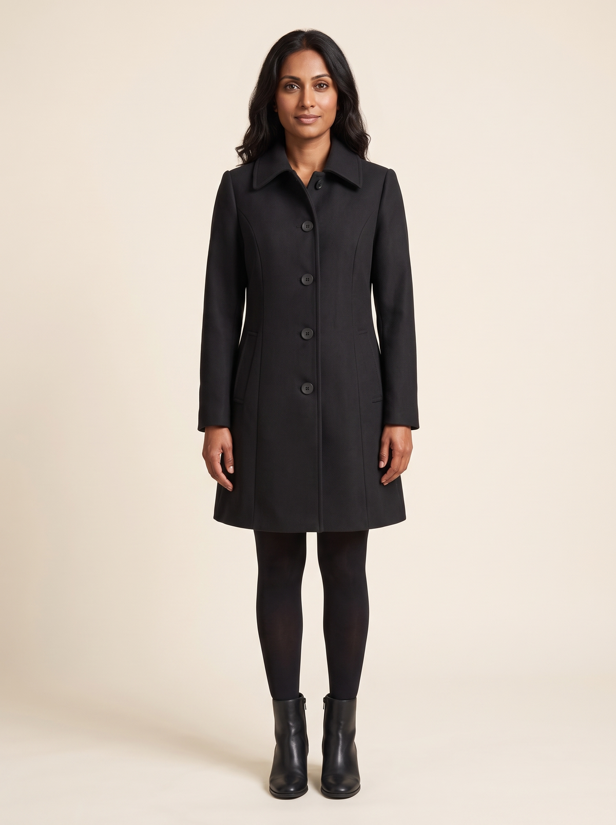 Fit and Flare Coat – Black – on model