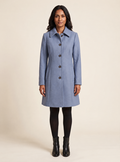 Fit and Flare Coat – Blue – on model