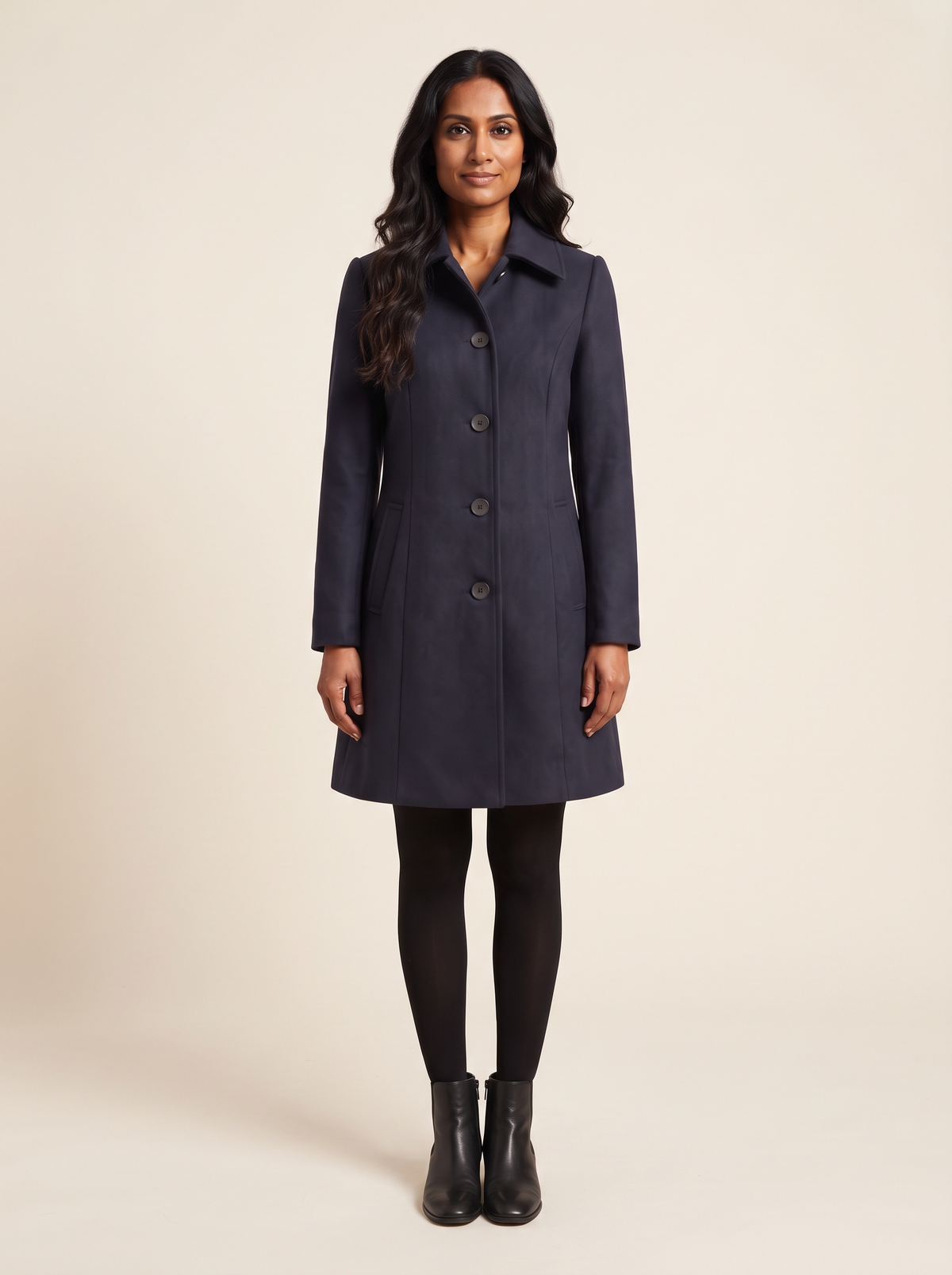 Fit and Flare Coat – Dark Blue – on model