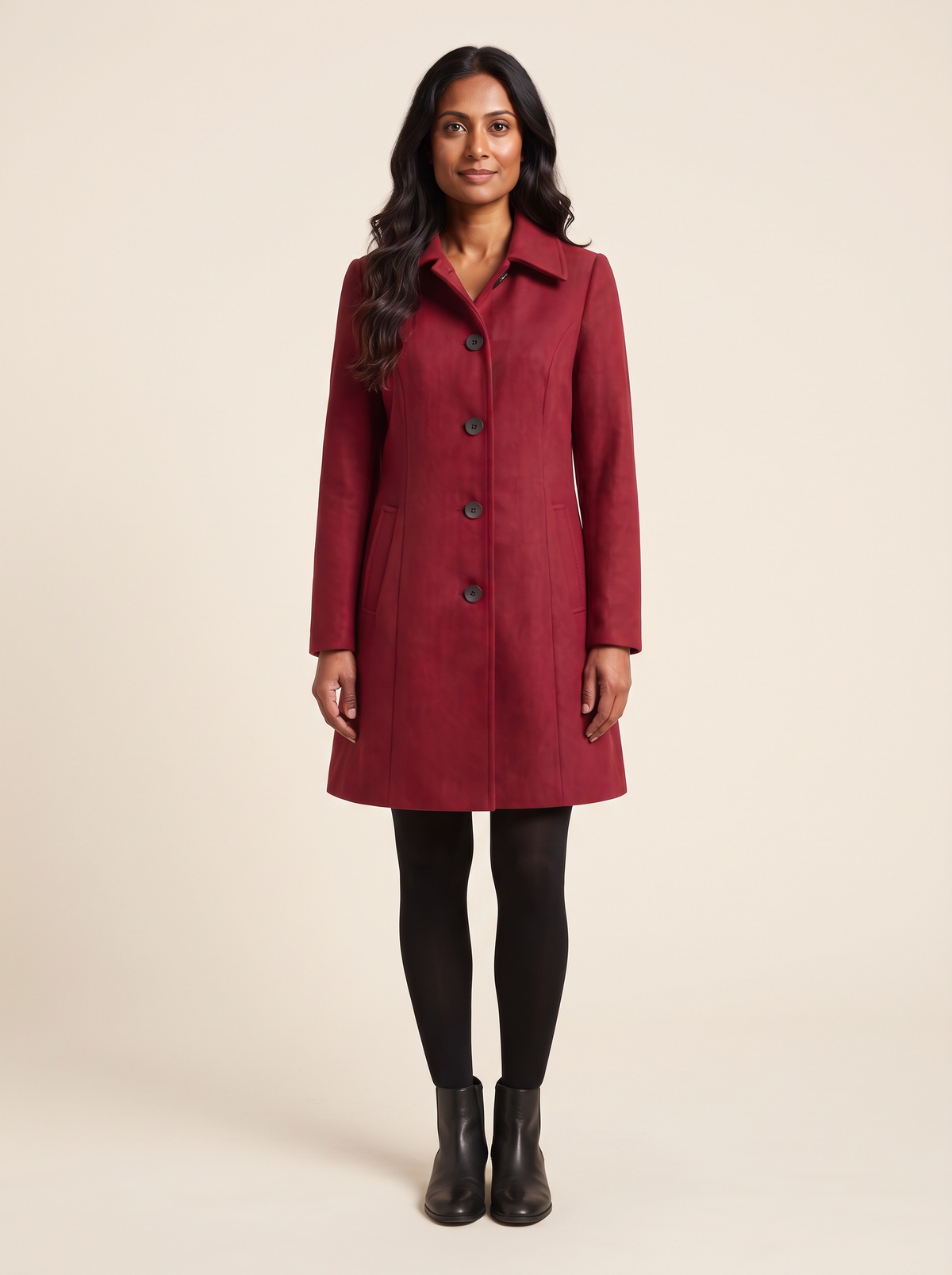 Fit and Flare Coat – Dark Red – on model