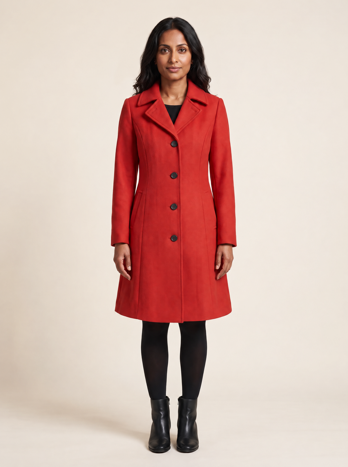 Fit and Flare Coat – Red – on model