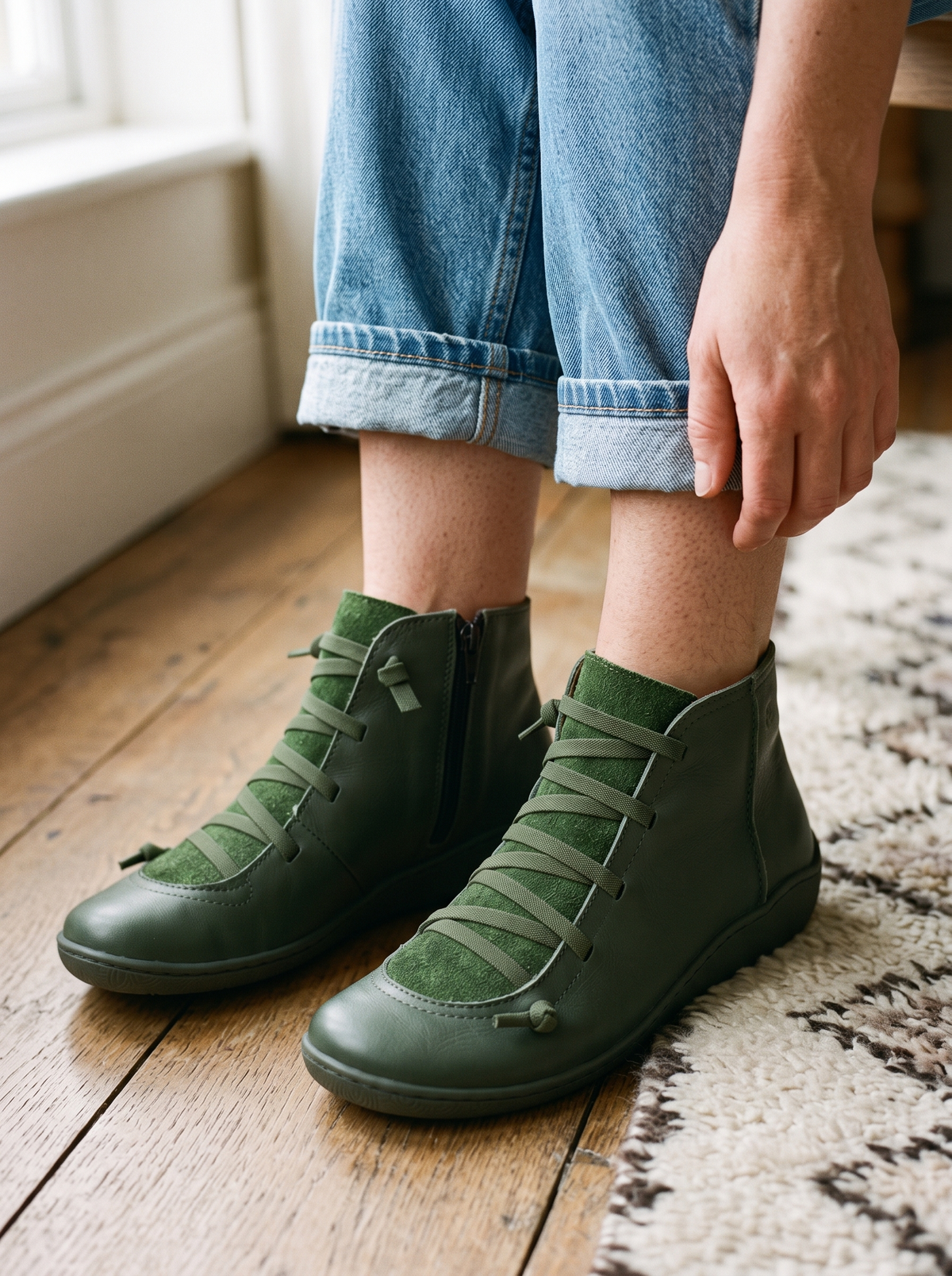 Flat Lace-Up Ankle Boots – Green – on foot