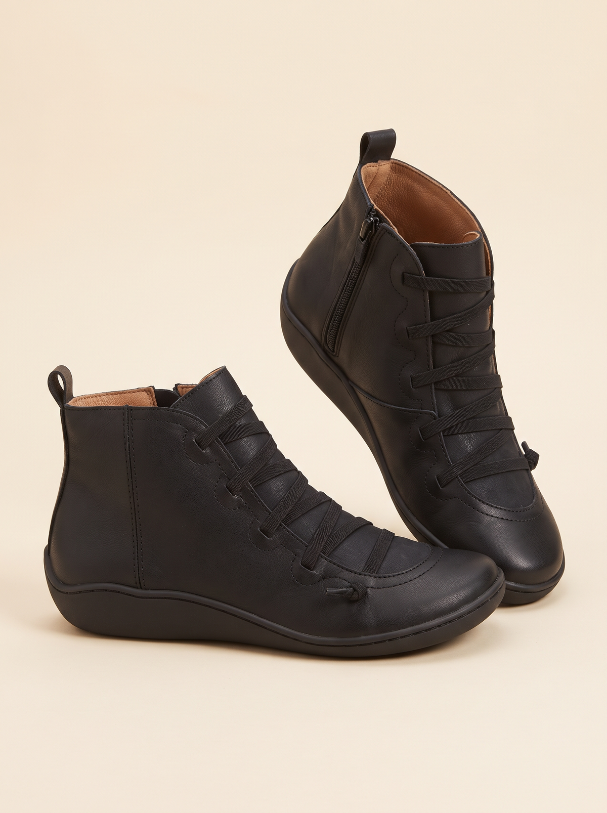 Flat Lace-Up Ankle Boots – Black – product view