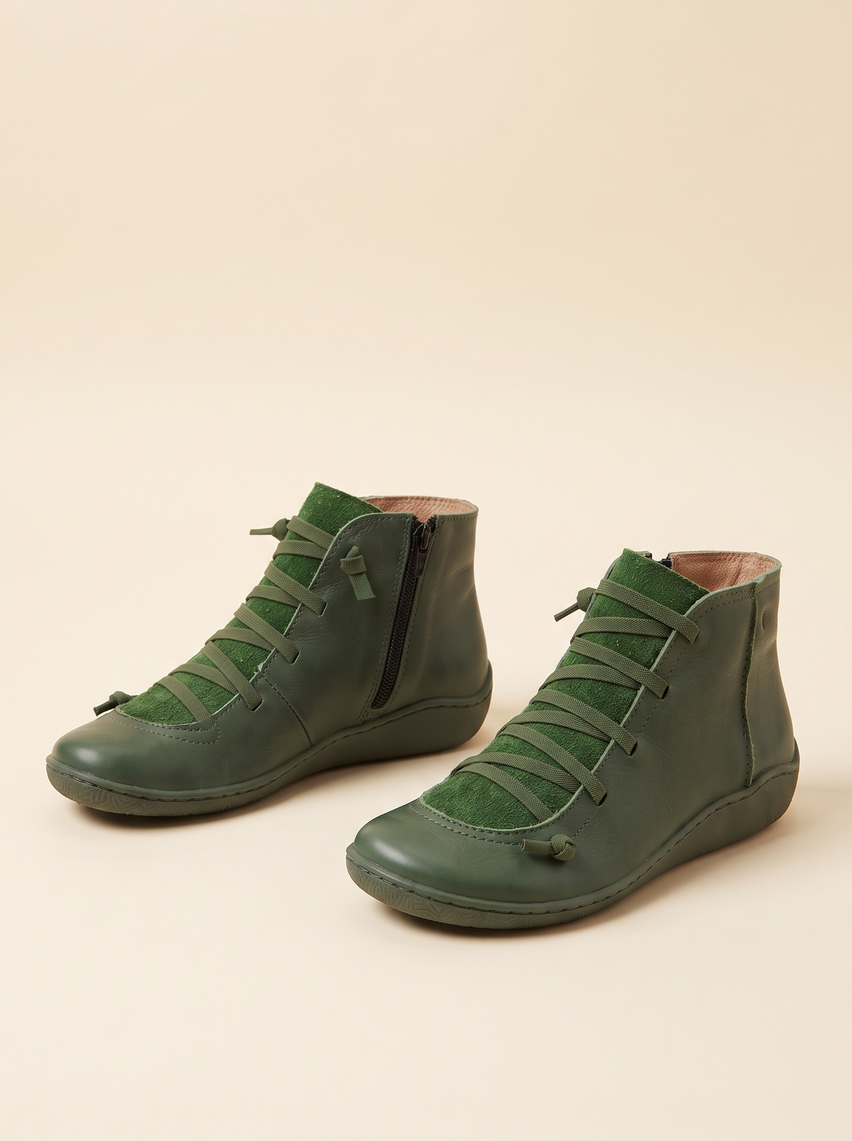 Flat Lace-Up Ankle Boots – Green – product view