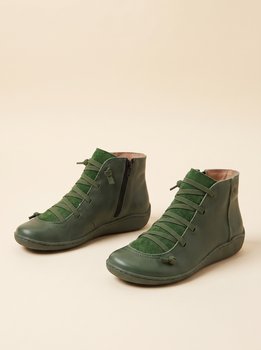 Flat Lace-Up Ankle Boots – Green – product view