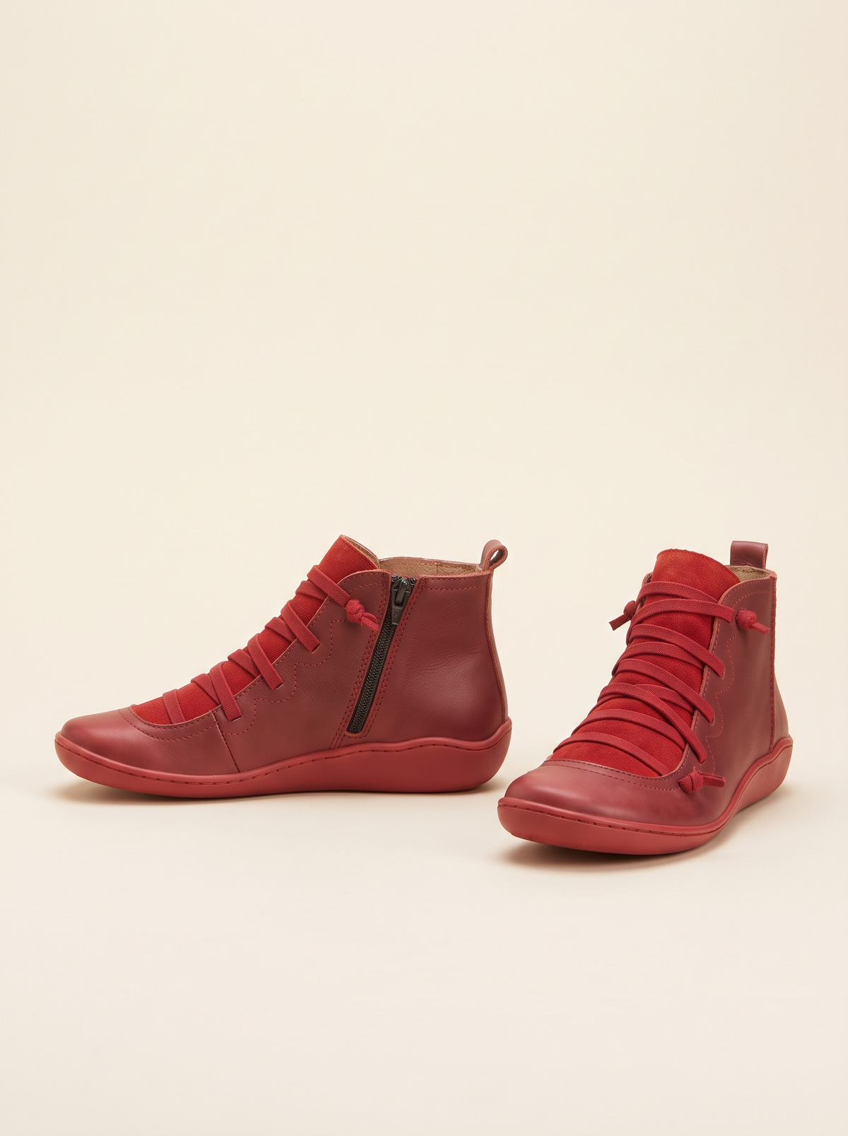 Flat Lace-Up Ankle Boots – Red – product view