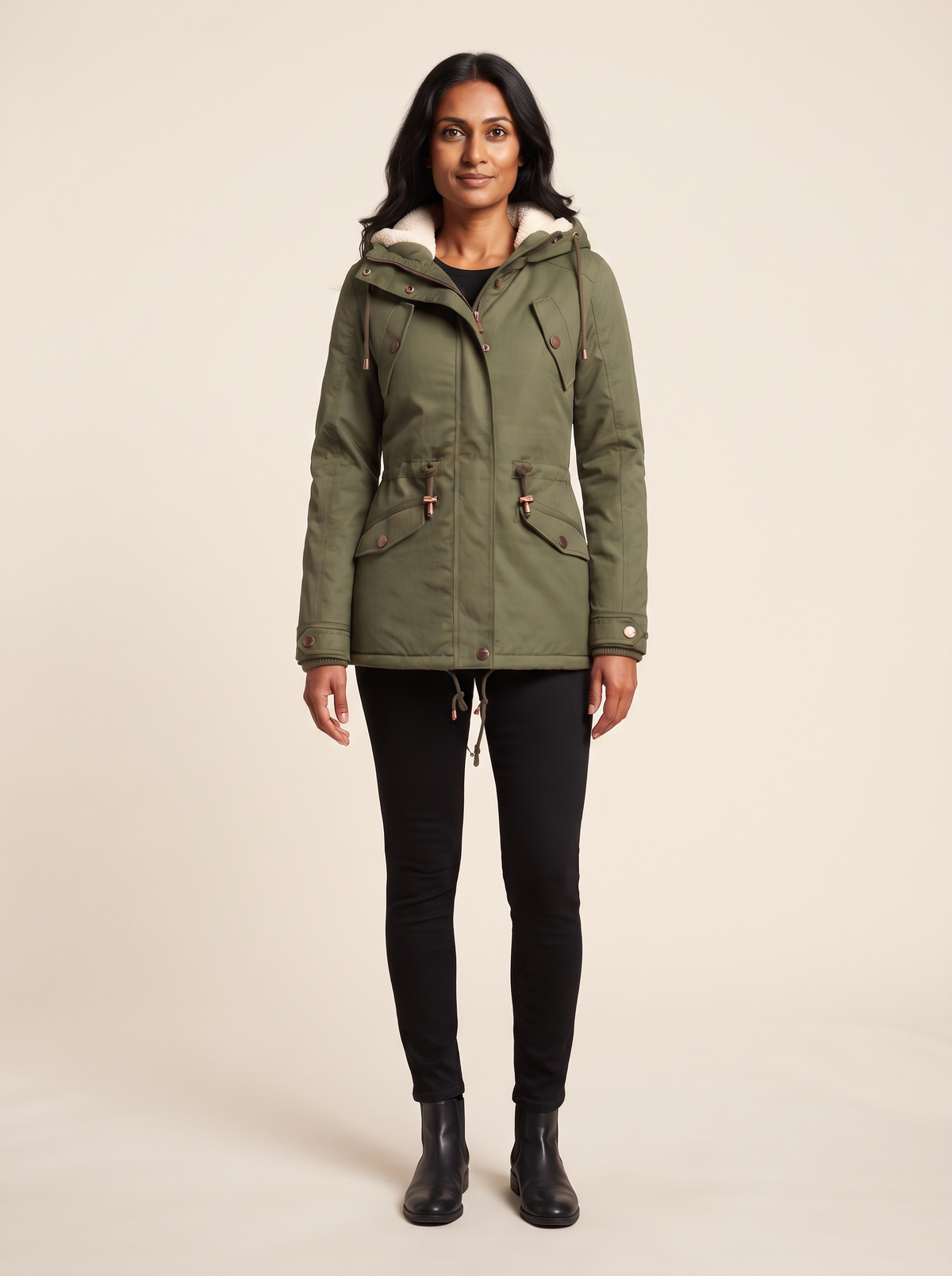 Fleece-Lined Hooded Parka – Army Green – on model