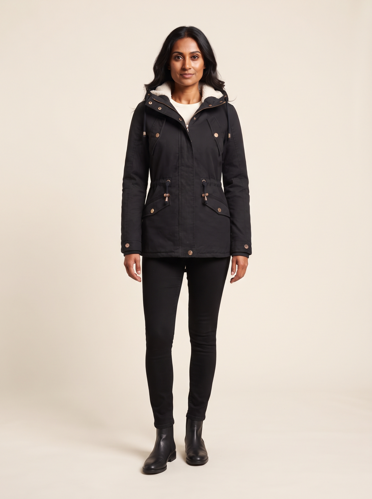 Fleece-Lined Hooded Parka – Black – on model