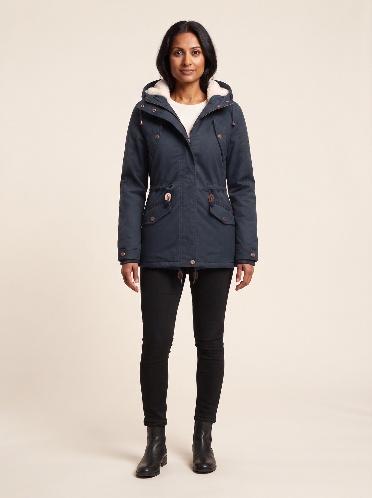 Fleece-Lined Hooded Parka – Navy Blue – on model