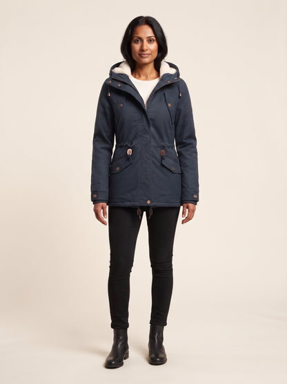 Fleece-Lined Hooded Parka – Navy Blue – on model