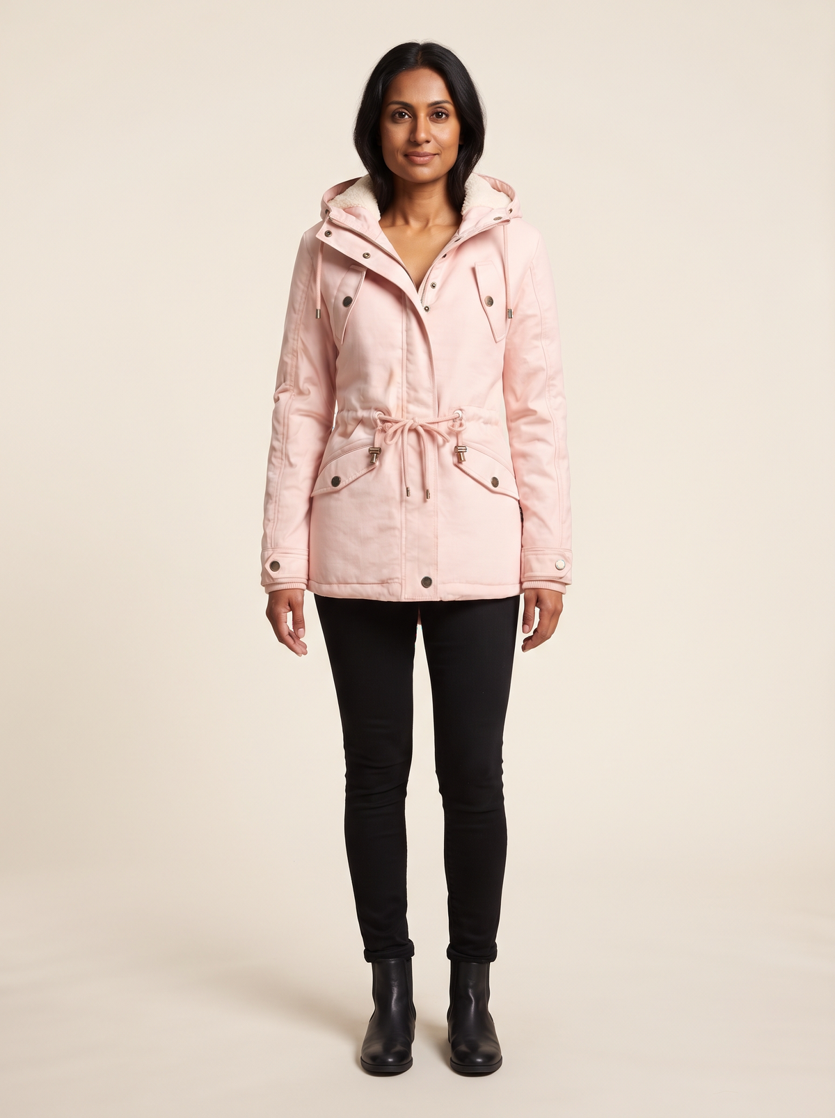 Fleece-Lined Hooded Parka – Pink – on model