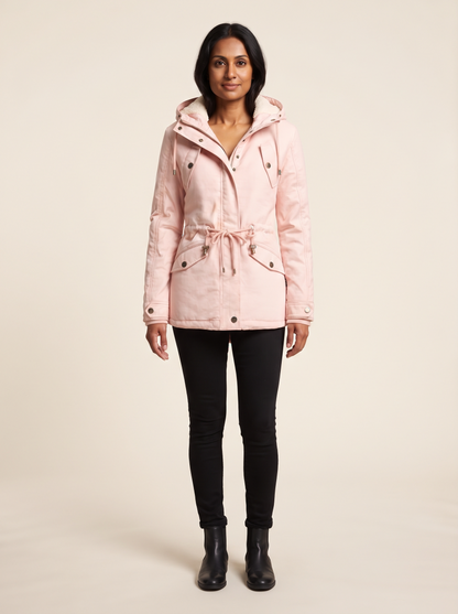Fleece-Lined Hooded Parka – Pink – on model