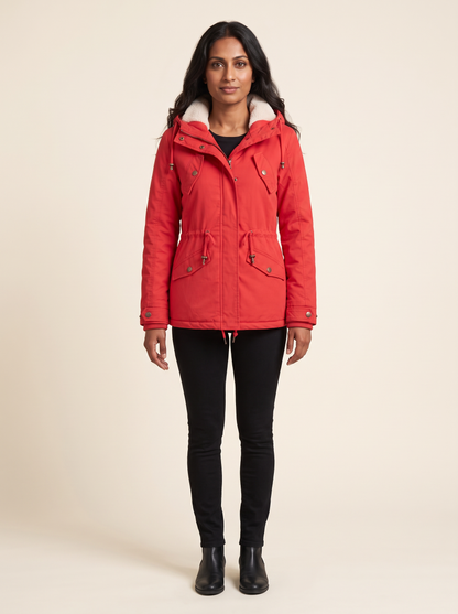 Fleece-Lined Hooded Parka – Red – on model