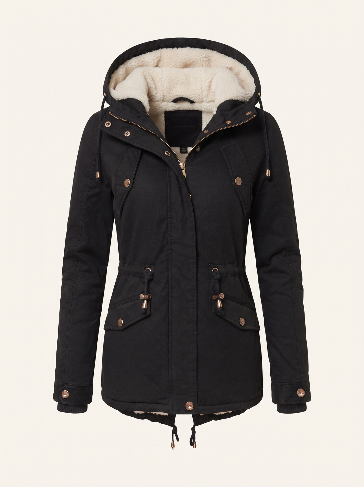 Fleece-Lined Hooded Parka – Black – product view