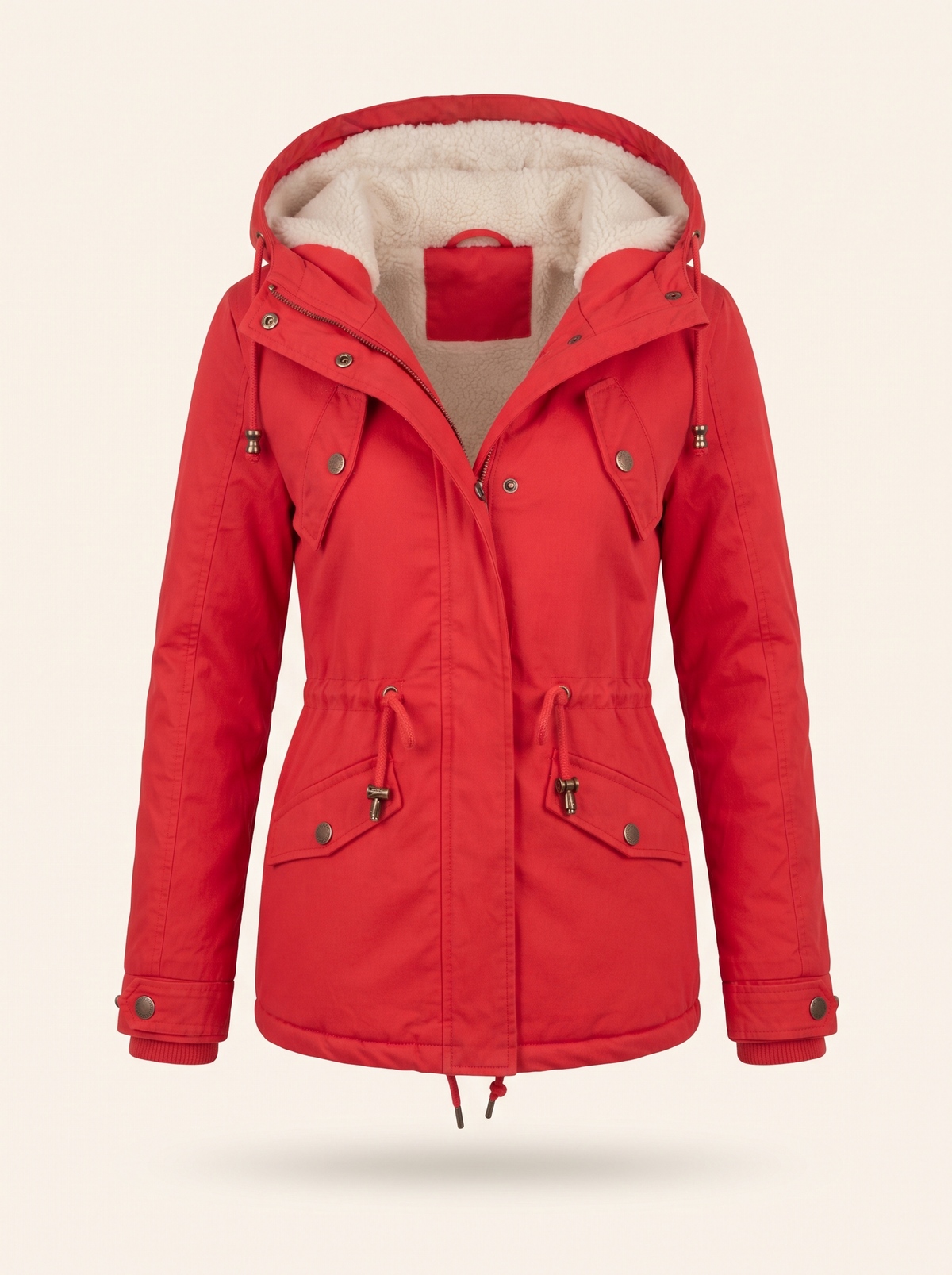 Fleece-Lined Hooded Parka – Red – product view
