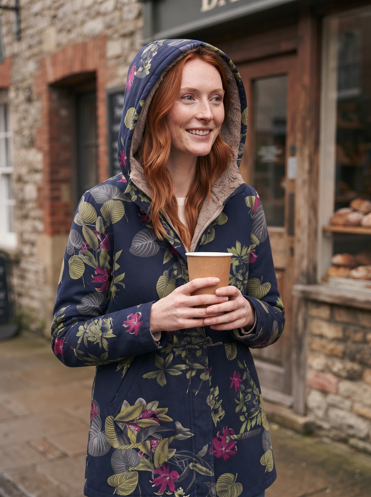 Floral Print Hooded Jacket – Navy Floral – hood up