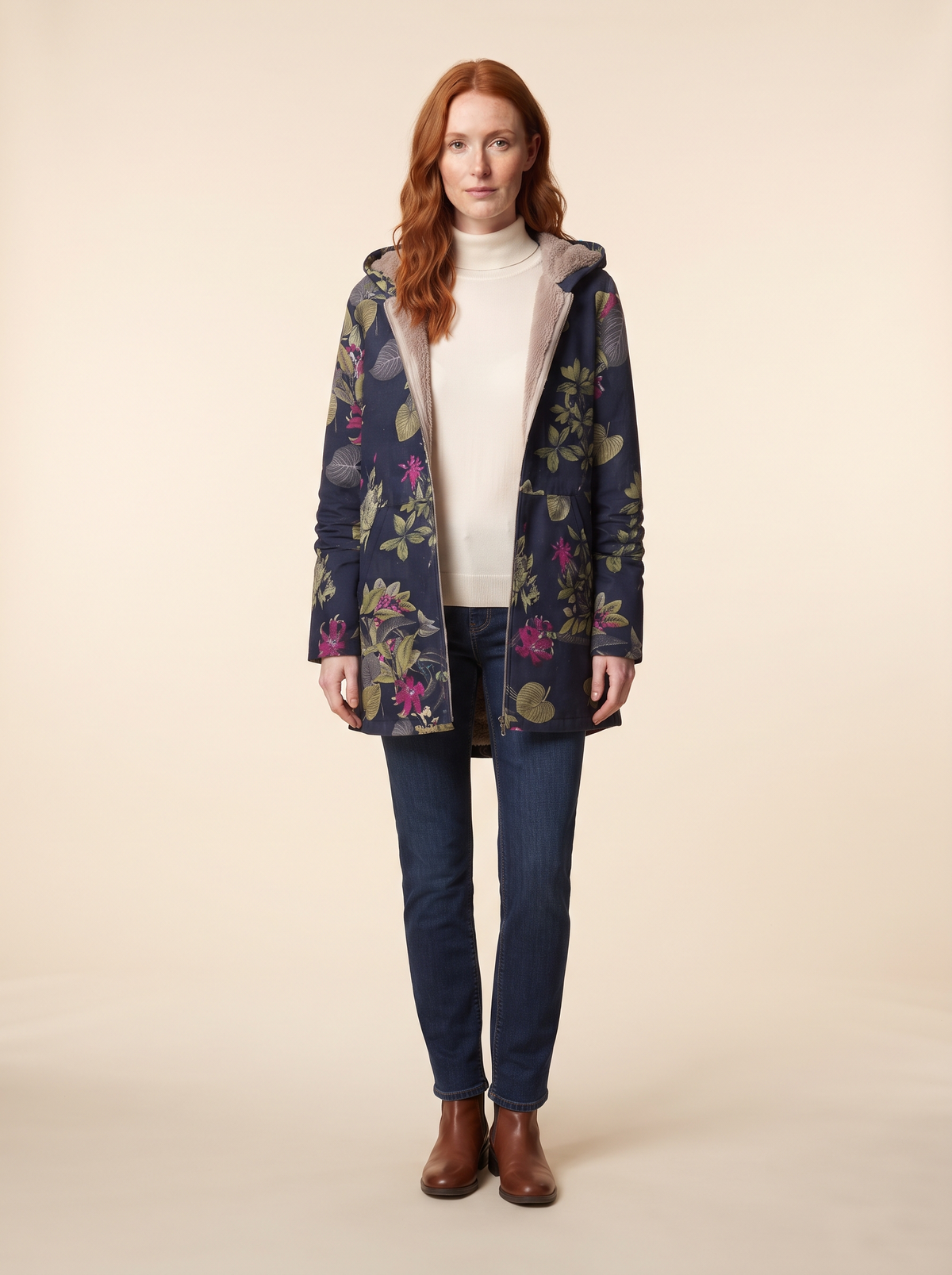 Floral Print Hooded Jacket – Navy Floral – on model