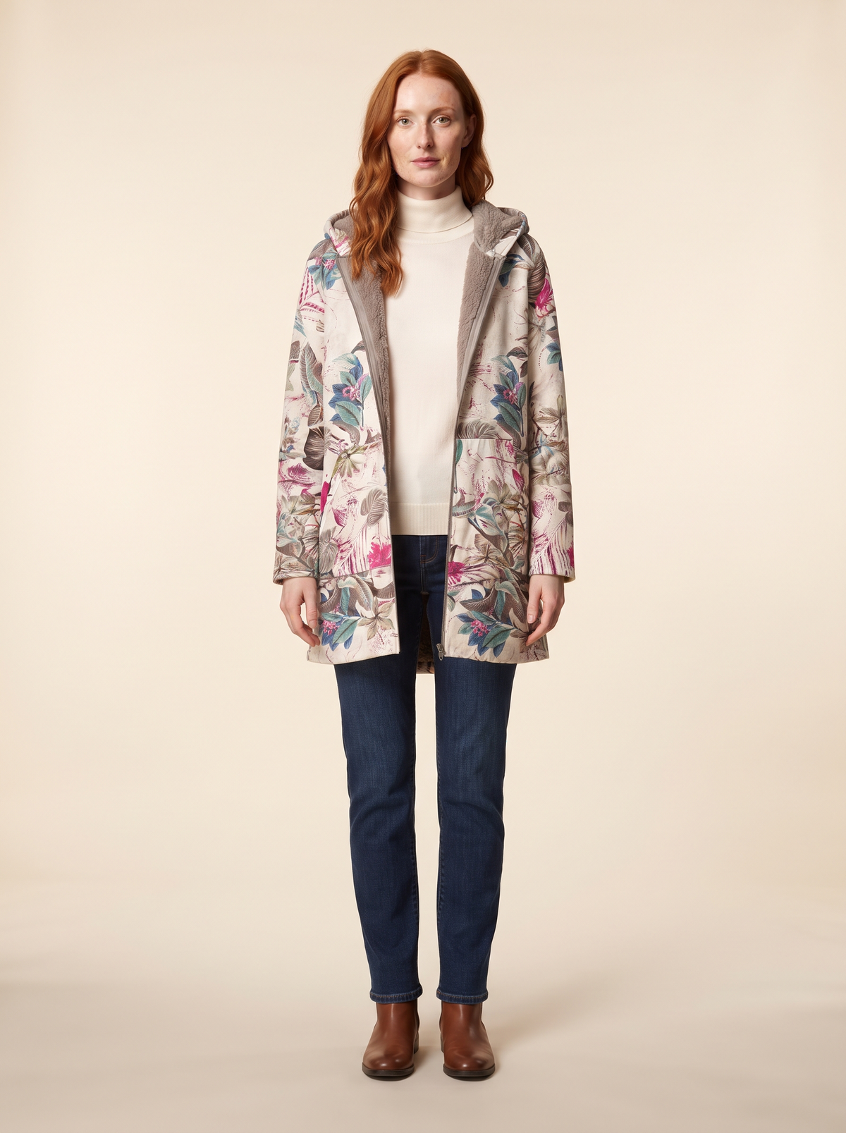 Floral Print Hooded Jacket – Pink Floral – on model