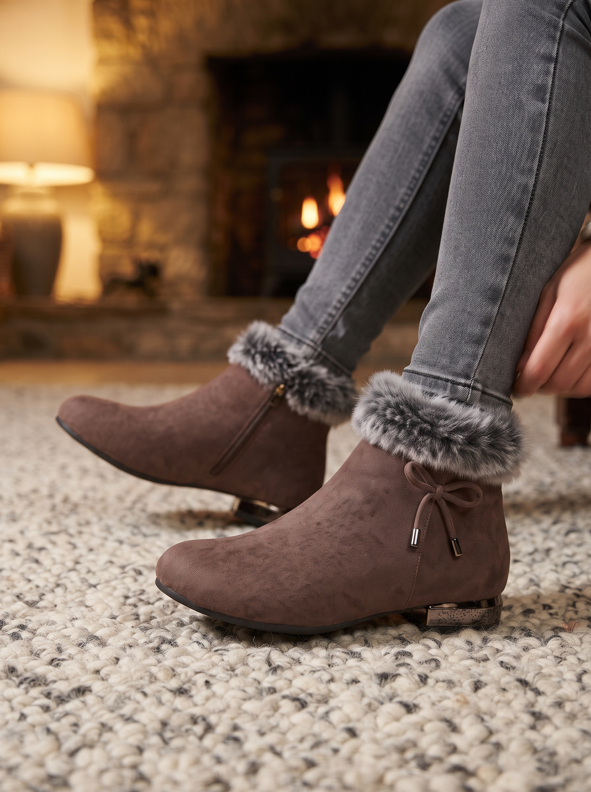 Fluffy Cuff Ankle Boots – Brown – on foot