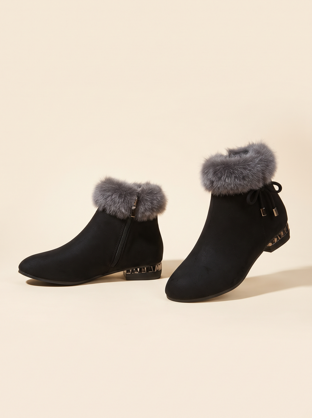 Fluffy Cuff Ankle Boots – Black – product view
