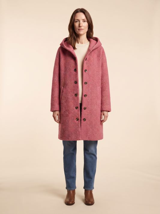 Hooded Bouclé Coat – Pink – on model