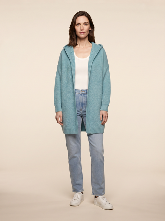 Hooded Long Knit Cardigan – Blue – on model