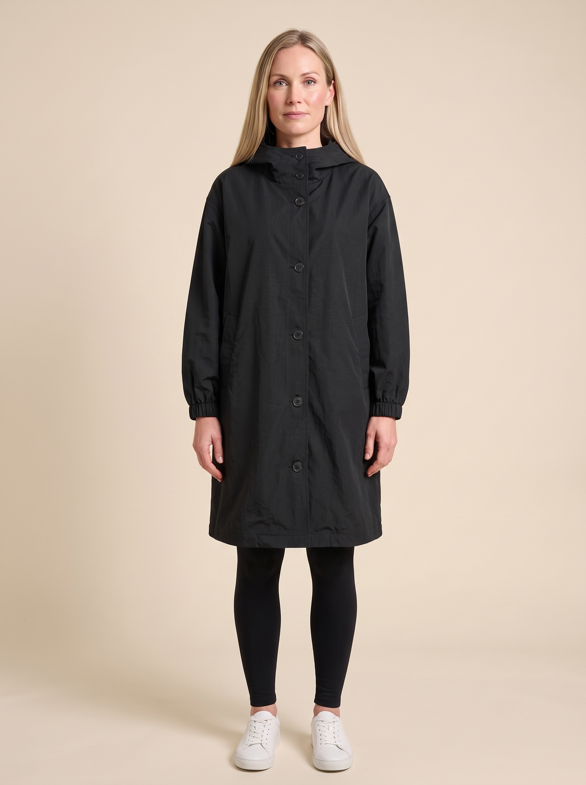 Oversized Hooded Longline Jacket – Black – on model