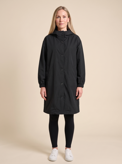 Oversized Hooded Longline Jacket – Black – on model