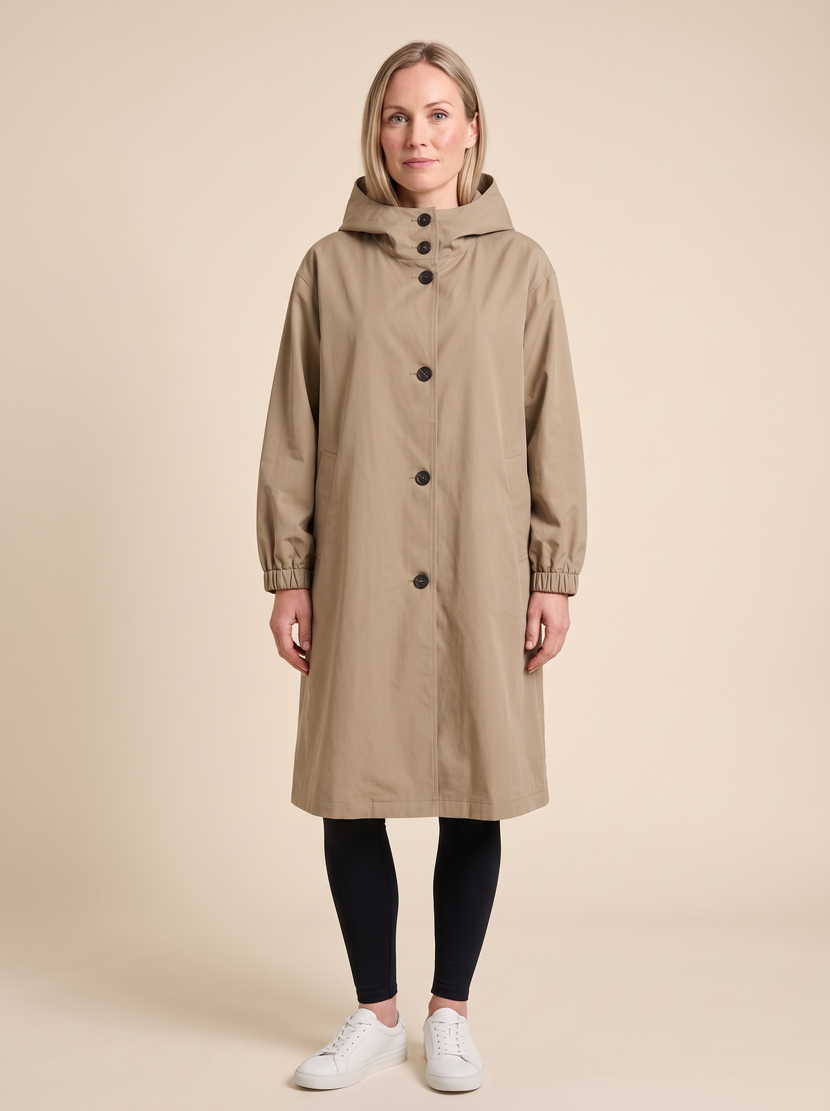 Oversized Hooded Longline Jacket – Khaki – on model