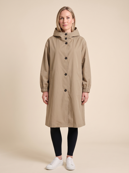 Oversized Hooded Longline Jacket – Khaki – on model