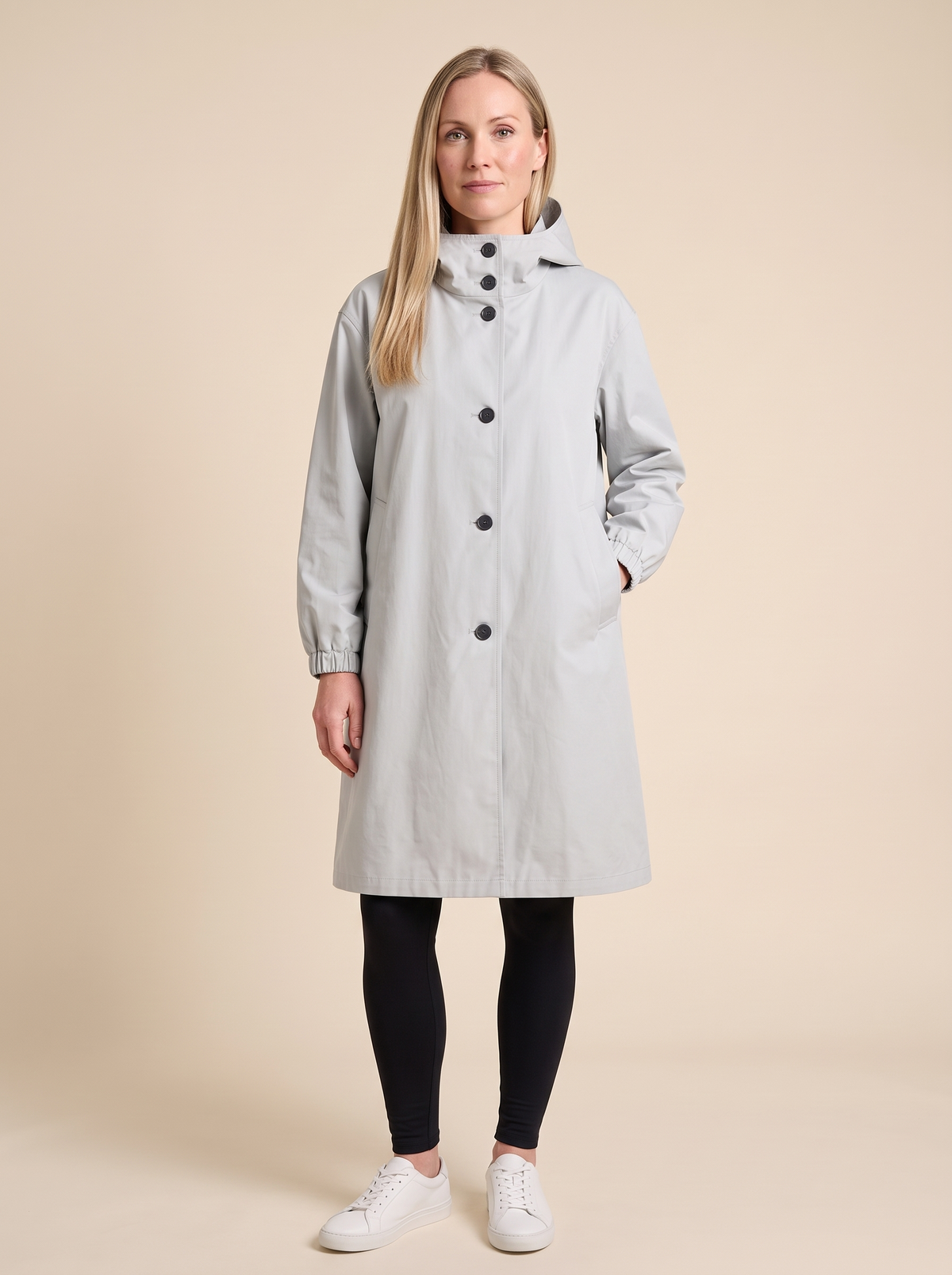 Oversized Hooded Longline Jacket – Light Grey – on model