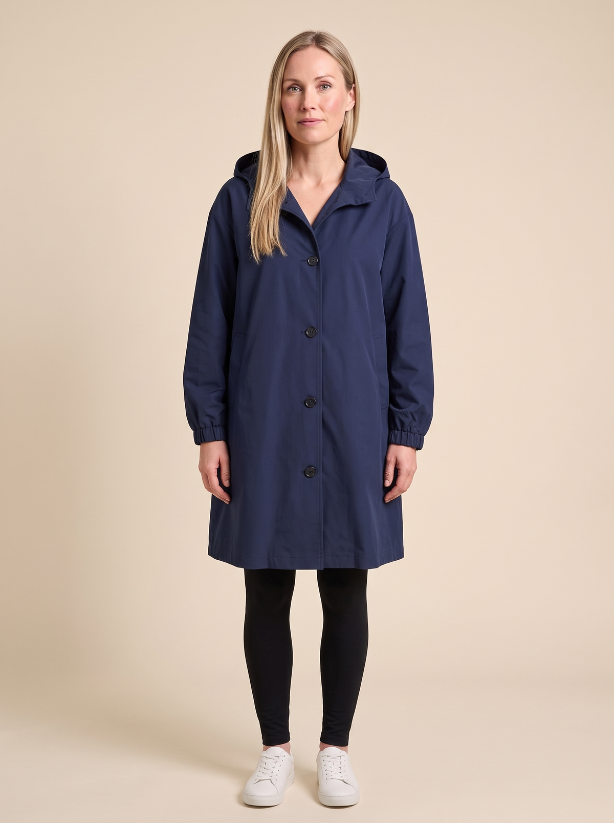 Oversized Hooded Longline Jacket – Navy Blue – on model