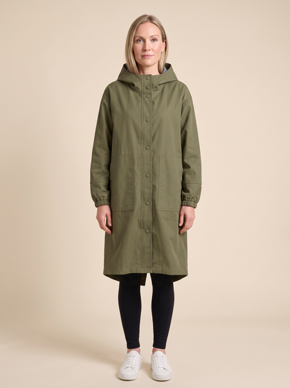 Oversized Hooded Longline Jacket – Olive Green – on model