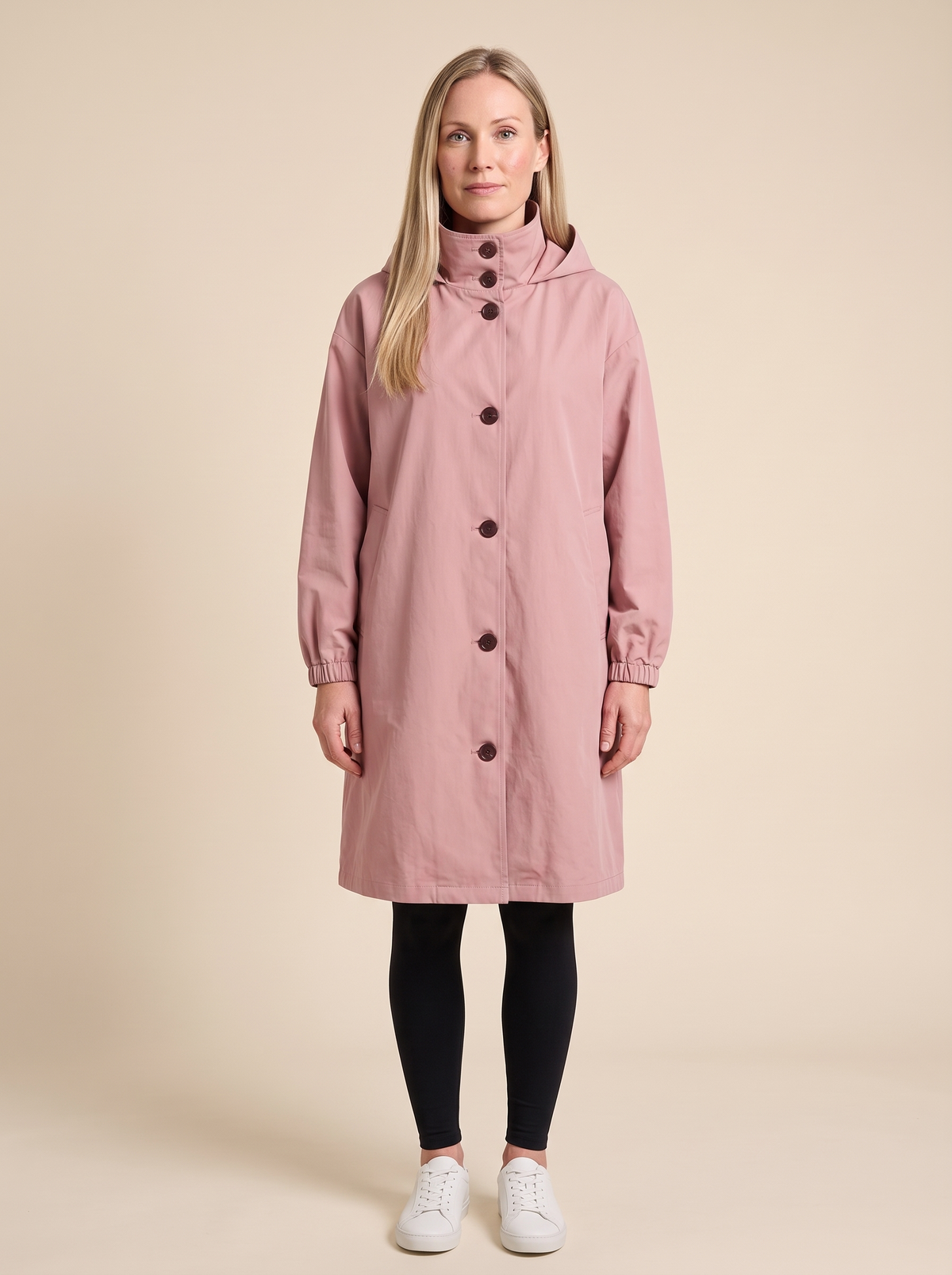 Oversized Hooded Longline Jacket – Pink – on model