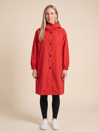 Oversized Hooded Longline Jacket – Red – on model