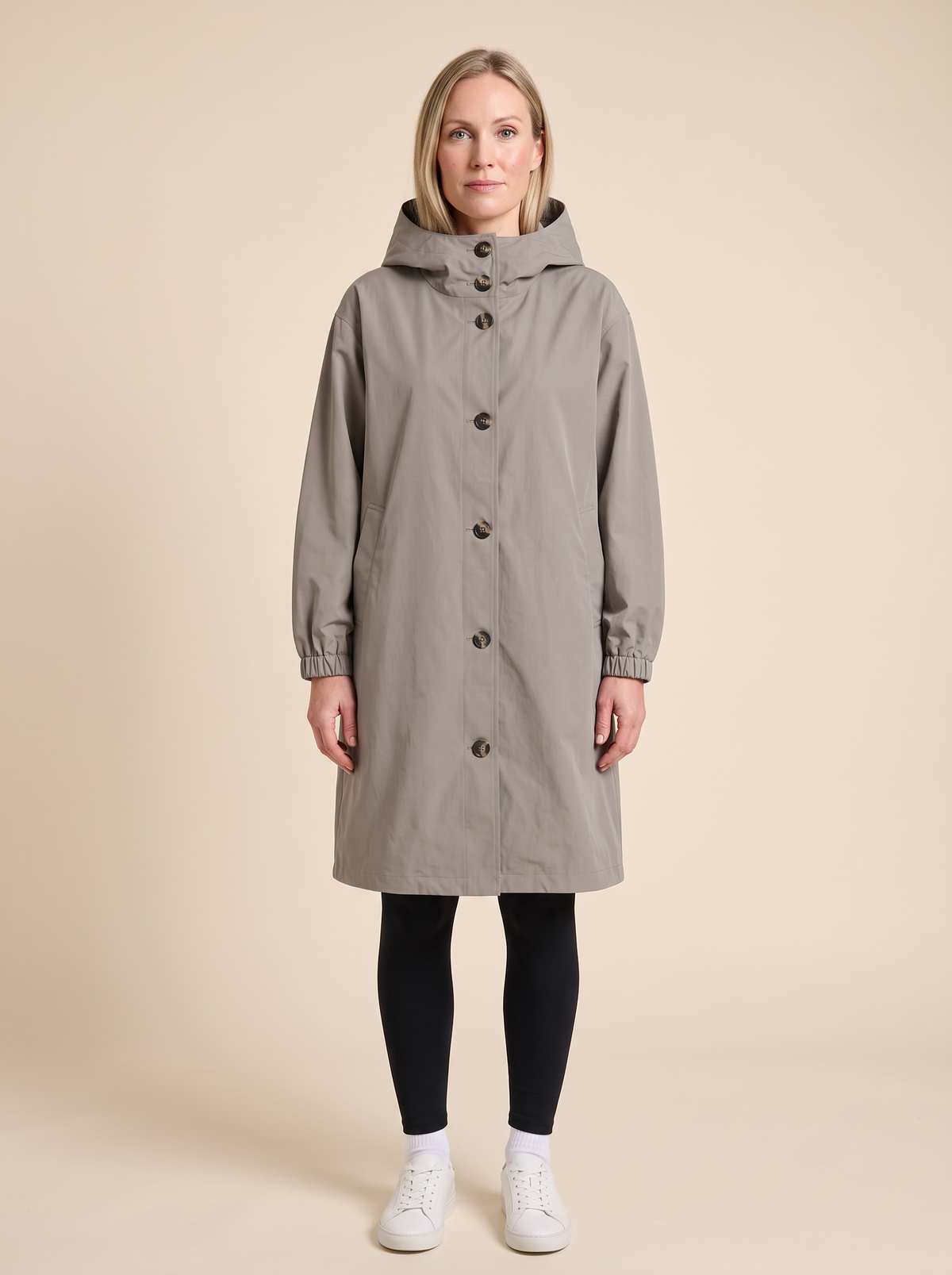 Oversized Hooded Longline Jacket – Taupe Grey – on model