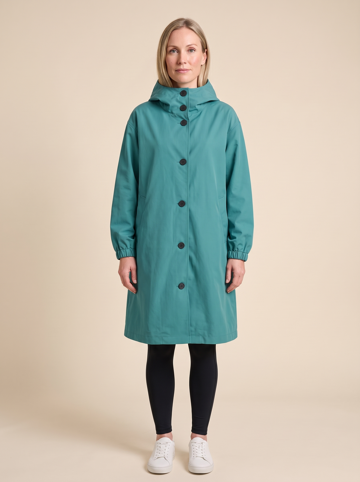 Oversized Hooded Longline Jacket – Teal – on model