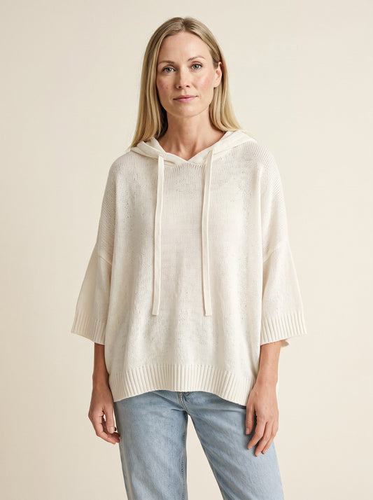 Women's Knitted Hoodie – White – worn, front view